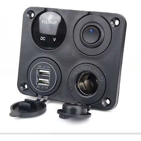 Panel de interruptores para cargador de coche 4 en 1, con carga USB dual, voltímetro LED, interruptor basculante de encendido/apagado y encendedor para embarcaciones.