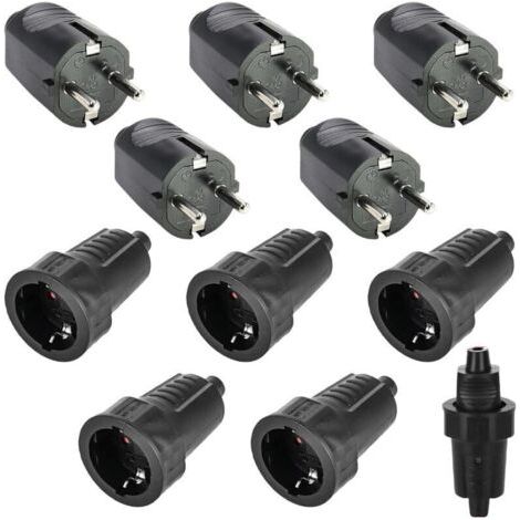 Lot de 5 paires de fiches Schuko : 250 V 16 A IP54 - En caoutchouc - Avec contact de protection - 2 broches - Extérieur étanche - Noir - Fiche Schuko et raccord en caoutchouc sans câble