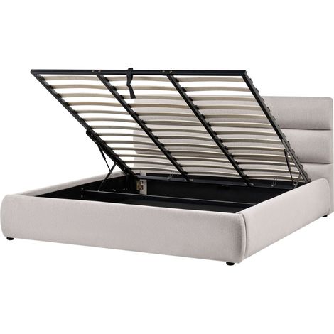 Slatted Bed Frame Grey Linen Fabric Upholstered Plastic Legs Ottoman Storage 6ft EU Super King Size Modern Design BONIFACIO