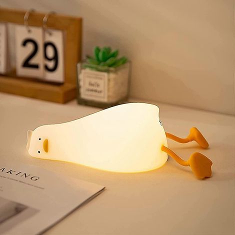 Veilleuse LED canard couché à plat, veilleuse pour chambre d'enfant à 3 niveaux d'intensité, lampe mignonne en silicone souple en forme de canard lumineux, lampe de chevet tactile rechargeable pour bé (1/5)
