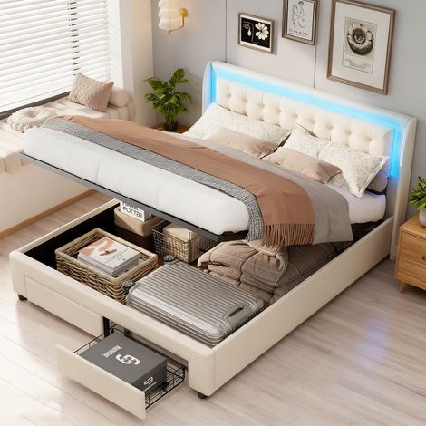 Lit coffre 180 x 200 cm, lit 180x200 avec sommier, lit double avec tiroirs, cadre de lit, avec port USB et LED, beige, velours