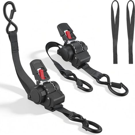Sangle a Cliquet Automatique, Sangles d’Arrimage Automatiques Robustes avec Crochet en S et Linguet LC, Résistance à la Rupture maximale de 680kg pour Camion, Remorque, Moto, Kayak, Déménagement (1/5)