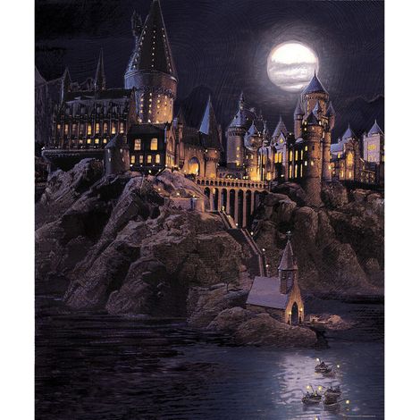 Papier peint Harry Potter Poudlard la nuit effet peinture à l'huile 225 x 270 cm - 3 lés (1/3)