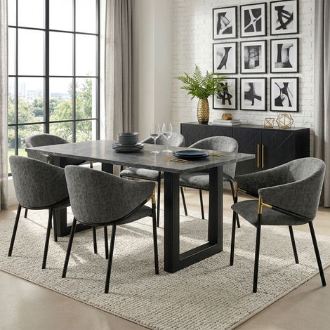 6 Esszimmerstühle, bequem und atmungsaktiv, geeignet für Esszimmer, Wohnzimmer, Cafés usw., moderner Stil, Chenil,Handläufe aus goldfarbenem Edelstahl, grau (1/5)
