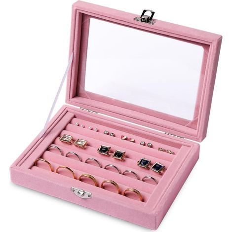 Bandeja para guardar anillos y pendientes con tapa transparente, 7 ranuras de terciopelo para guardar joyas en el cajón, vitrina (rosa, 7 ranuras) (1/5)