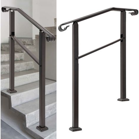 Rampe d'Escalier Extérieure pour 1 à 3 Marches, Main Courante Escalier avec Kit d'Installation, Rampe d'Escalier en Métal pour Porche, Bois et Béton, Campagne, brun foncé