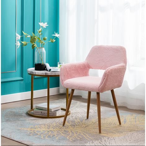 Chaise de salle à manger en fausse fourrure rose avec accoudoirs et pieds en acier peint HAVRYA (1/5)