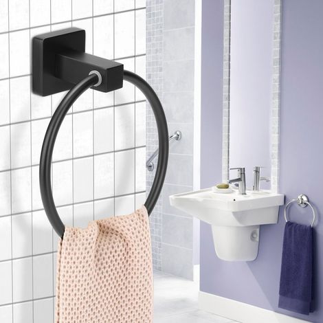 Anneau porte-serviette rond simple mural fixe acier inox 201 et alliage zinc noir brossé Ø15cm salle de bain cuisine robuste avec vis (1/5)