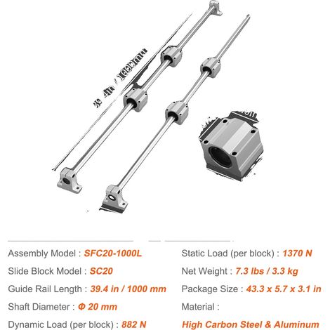 Kit de movimiento lineal, incluye bloques de carro, soportes, 20 mm x 1000 mm (1/2)