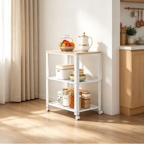 Chariot de cuisine à roulettes 3 niveaux, desserte de service et meuble de rangement, 60 x 40 x 76 cm, métal, blanc et bois clair, charge totale 30 kg – CHICFURN (1/5)