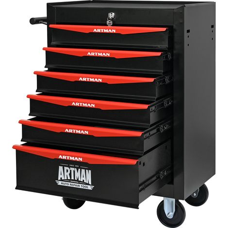 Chariot à outils mobile en acier avec 6 tiroirs, 60 x 33 x 77,5 cm, noir et rouge (1/5)