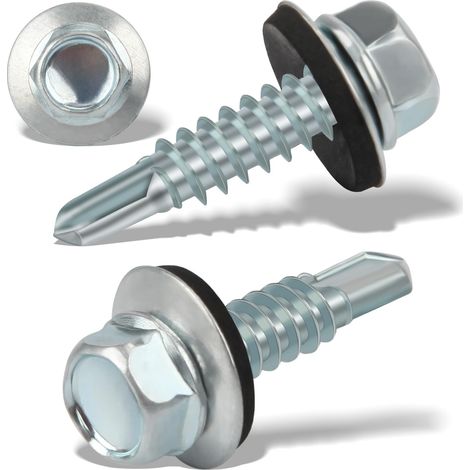 Lot de 150 vis à tôle trapézoïdale, auto-taraudeuses, 4,8 x 19 mm, à tête hexagonale, avec rondelle d'étanchéité, galvanisées, pour toit en métal, argentées (1/5)