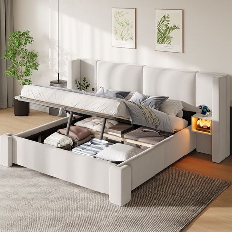 Letto contenitore 180x200 cm in lino con LED e sollevamento idraulico beige DESVIAE (1/5)
