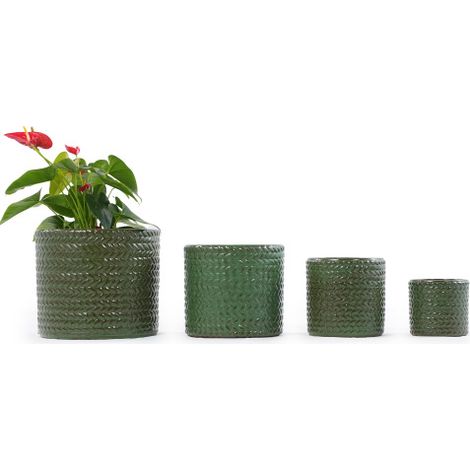 Petit pot en céramique Ø 17,5 cm, vert olive brillant à motif chevrons, respirant avec trou de drainage, pour mini-succulentes et herbes aromatiques de bureau – 1 pièce (1/5)