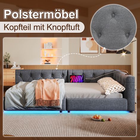 Canapé convertible 90x200 cm, banquette-lit avec sommier lattes (matelas non inclus), éclairage ambiant avec télécommande, tête de lit rembourrée à boutons, ports USB+Type-C, lin, gris