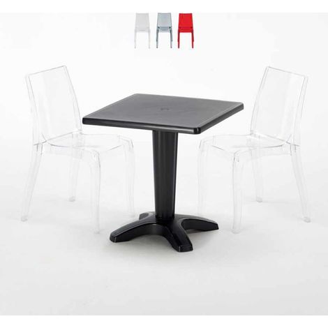 Table Carrée Noire 70x70cm Avec 2 Chaises Colorées Grand Soleil Set Bar Café Cristal Light Balcony - Transparent (1/5)