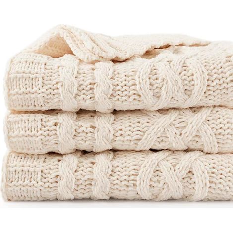 Couverture de jet de crème de 130x170cm pour la chaise de canapélit de canapé, couverture en tricot crème, jet de canapé blanc décoratif chaud et confortable doux, couverture de lit (1/5)