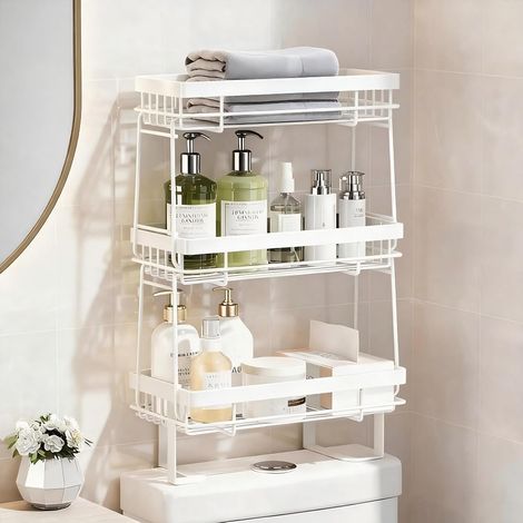 Étagère rangement WC 3 niveaux avec crochets, fixation au-dessus des toilettes sans perçage, organisateur salle de bain blanc compact (1/5)