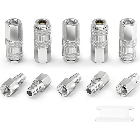 10 Pièces 1/4 Inch Air Line Connectors, 1/4" BSP Female Thread Euro Airline Compressor Hose Fittings, Quick Connect Air Coupler Air Hose Fittings,Air Coupler & Air Plug Kit (1/4)