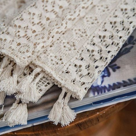 Rideau en dentelle crochet coton style campagnard avec pompons, embrasse, voilage semi-transparent pour chambre et salon, 1 panneau (Beige B, 59x110 pouces) (1/3)