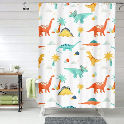 Rideau de douche motif dinosaure décor jungle verte, tissu imperméable, 150x180 cm (1/5)
