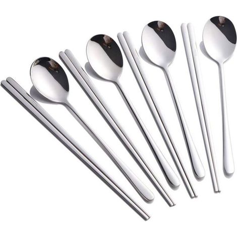 Set of 4 stainless steel spoons and chopsticks for dinner, Korean spoon and chopstick set (8 pieces, silver)