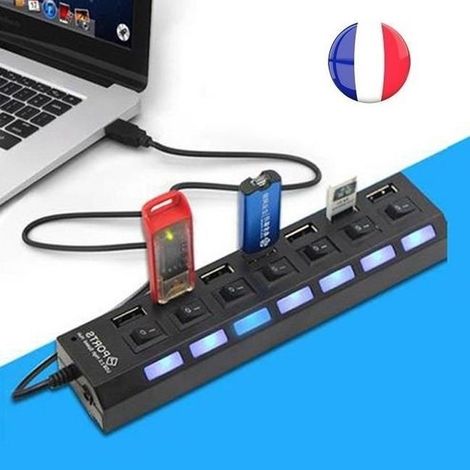 HUB USB 2.0 - SIMPLISIM - 7 Ports - Interrupteur ON/OFF - Compatible Windows, Mac, Linux - Noir (1/4)