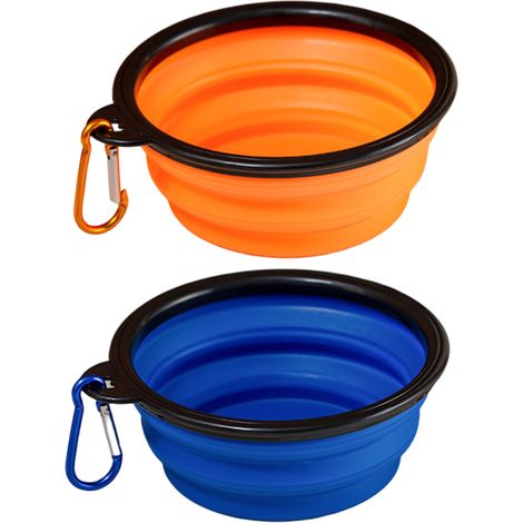 comederos plegables para perros con mosquetón reforzado, bebederos de viaje, para uso interior y exterior, azul y naranja. (1/5)