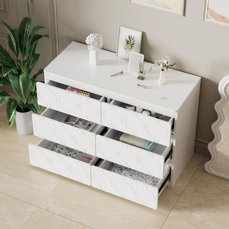 Commode 6 tiroirs blanc motif vague, design anti-choc, 110x40x72cm (1/5)