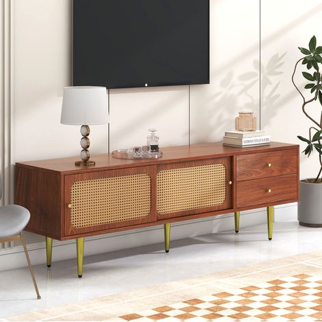Mobile TV 160x40x60 cm noce in MDF con 2 cassetti e 2 ante scorrevoli in rattan sintetico (1/5)