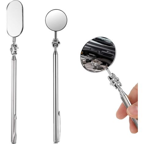 2 Pièces Miroir d'Inspection Télescopique, Rotation 360° Acier INOX Miroir Ronde et Ovale Extensible, Miroirs d'Inspection Auto avec Poignée Réglable