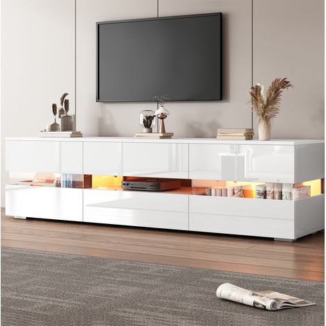 Mobile TV in truciolare bianco lucido 160 x 39 x 45 cm con LED, 2 ante, 1 cassetto, vano aperto, per TV fino a 70" (1/5)