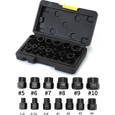 Kit 13 Pièces Extracteur de Boulons et Écrous Cassés Hexagonaux, Accessoires Quincaillerie pour Clé à Douille, Boîte Plastique Noire-lsw
