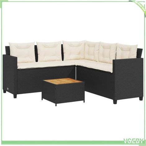 Canapé de jardin en L - FAFEICY - 369048 - Résine tressée noir - Table acacia - Coussins déhoussables crème (1/5)