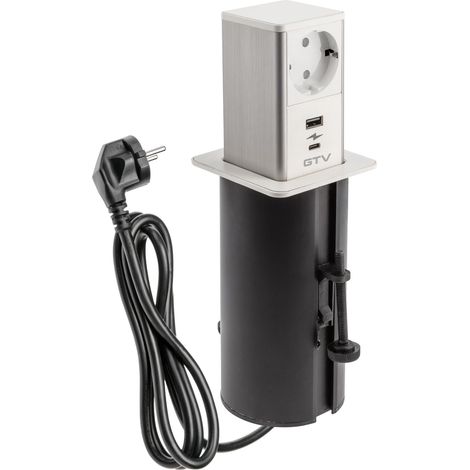 Prise de meubles TOWER, prise encastrable extensible, 1 prise Schuko, 1 x USB A, 1 x USB C, longueur du câble 1,5 m, couleur blanche, pour bureau, table et cuisine