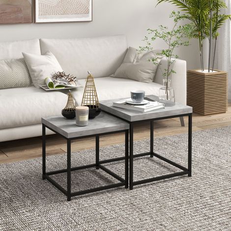 Set aus 2 Satztischen, quadratischen Couchtischen, Wohnzimmertischen, Stahlgestell und grauen Holzplatten