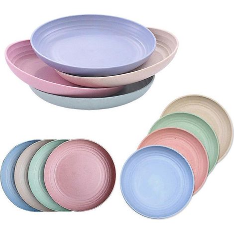 12-teiliges Set aus bruchfesten, leichten und mikrowellengeeigneten Weizenstrohtellern in 3 Größen und verschiedenen Farben. Ideal für Salate, Pasta, Steaks und Obst. Geeignet für 3 Portionen.