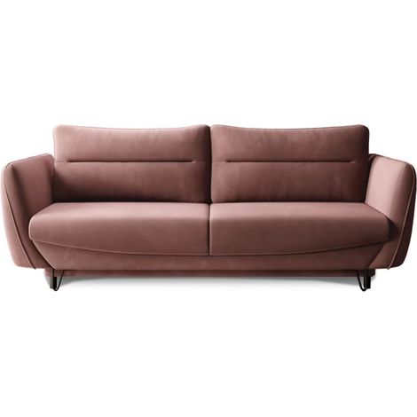 Canapé droit convertible tissu ZURIK - Coffre de rangement et pieds métal noir-Rose poudré (1/5)