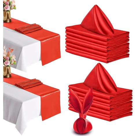 Lot de 16 Serviettes en Tissu Satiné avec 2 Chemins de Table Rouge (1/5)