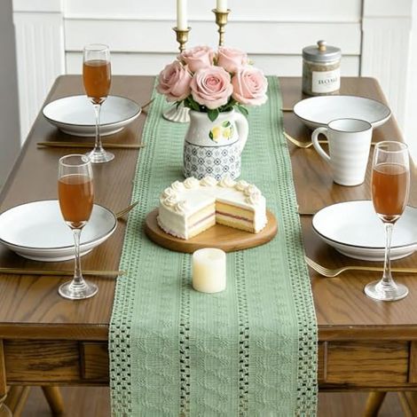 Chemin de table tendance, vert sauge, bohème, en macramé, coton et lin, moderne, campagne, chemin de table, décoration de table de cuisine, table à manger, décoration de mariage, fête (vert (1/3)