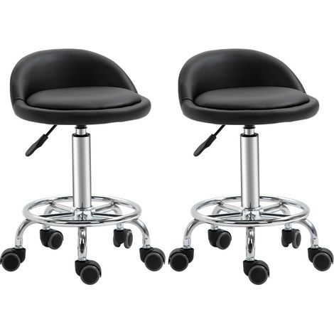 Lot de 2 tabourets roulants de bureau avec dossier, assise réglable 57-72 cm, repose-pieds, cuir régénéré noir, pour salon et massage - CHICFURN (1/5)