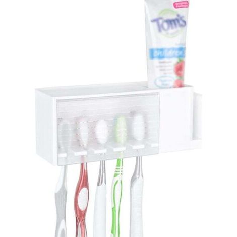 Portatore per spazzolini con funzione multiuso autoadesiva, portaspazzolini montato a parete con coperchio, scatola di conservazione per dentifricio e spazzolini per il bagno (bianco) (1/3)