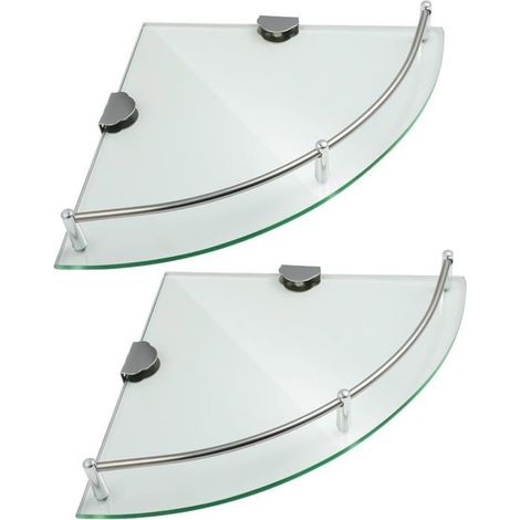Étagères d'angle Lot de 2 Verre et acier inoxydable Fixation murale stable Pour salle de bain et cuisine 23,5 x 23,5 cm (1/5)