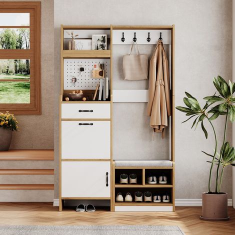 Armoire d'entrée moderne chêne/blanc, banc chaussures, patères, tiroir, compartiment rabattable, rangement ouvert, 108,5 x 35 x 180 cm (1/5)