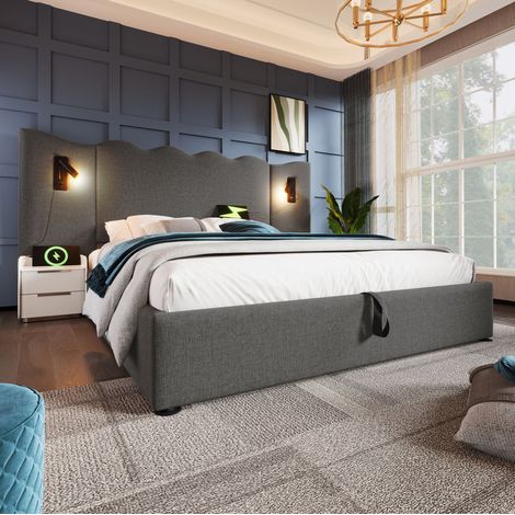 Lit coffre double 160x200 cm – Liseuse avec ports USB et USB C – Sommier à lattes – sommier à lattes en bois– Espace de rangement sous le lit