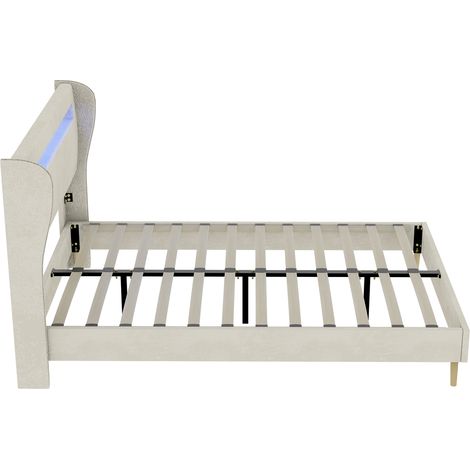 Cama tapizada moderna 160x200 cm beige con cabecero LED, estructura de tela y metal (1/5)
