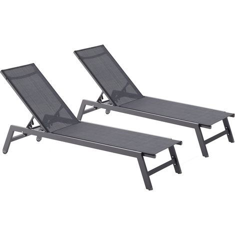 Concept-Usine – Lot de 2 transats gris foncé et noir avec roulettes – Structure aluminium – Toile PVC – Dimensions 191 x 55 x 100 cm – Poids 6 kg (1/5)