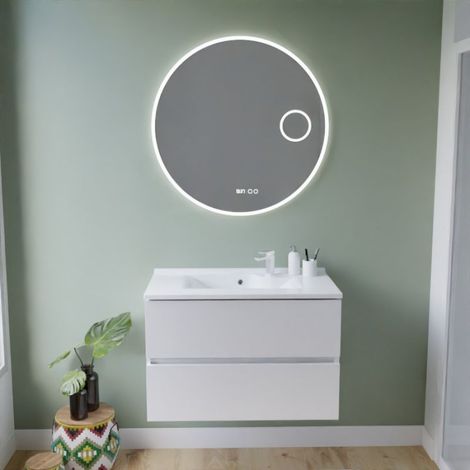 Meuble vasque ROSALY INOX 80 cm + miroir Rondinara- Blanc- Plan vasque en Résine