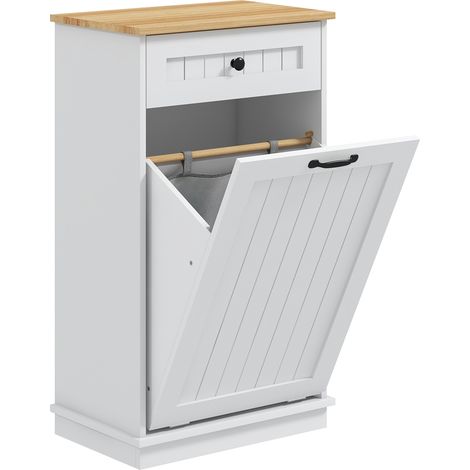 GagaMeuble de salle de bain en bois avec panier a linge basculant et tiroir blanc (1/5)