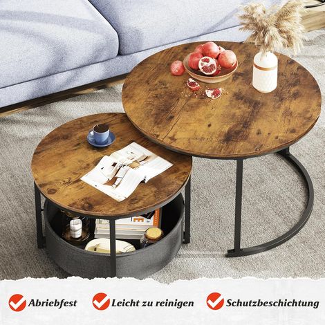 Couchtisch 2er-Set, runde Tische mit 80cm und 60cm Durchmesser, Stauraum und Metallgestell, geeignet für Wohnzimmer, rustikal braun (1/5)